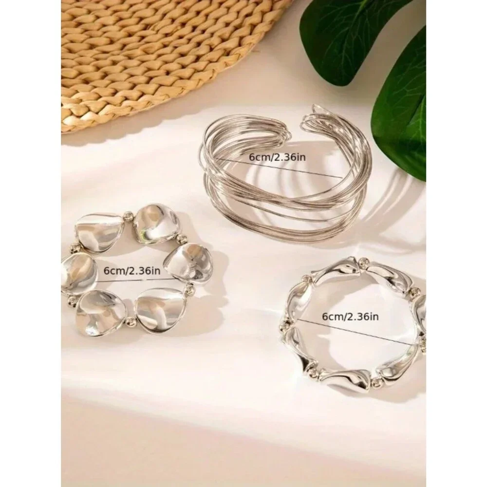 3-Piece Modern Silver Stackable Bracelet Set – Organic & Minimalist